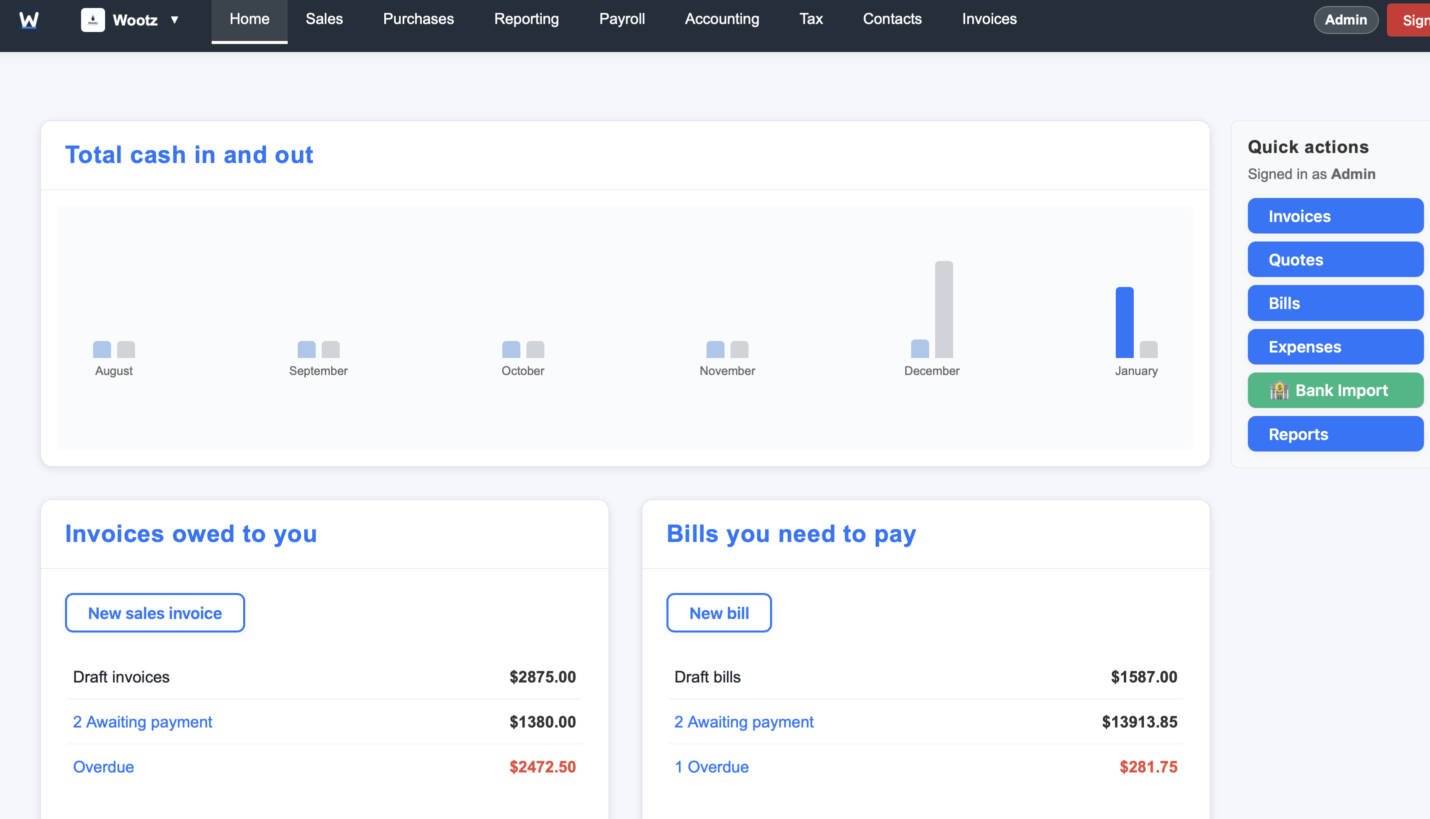Wootz dashboard preview with cash flow and quick actions